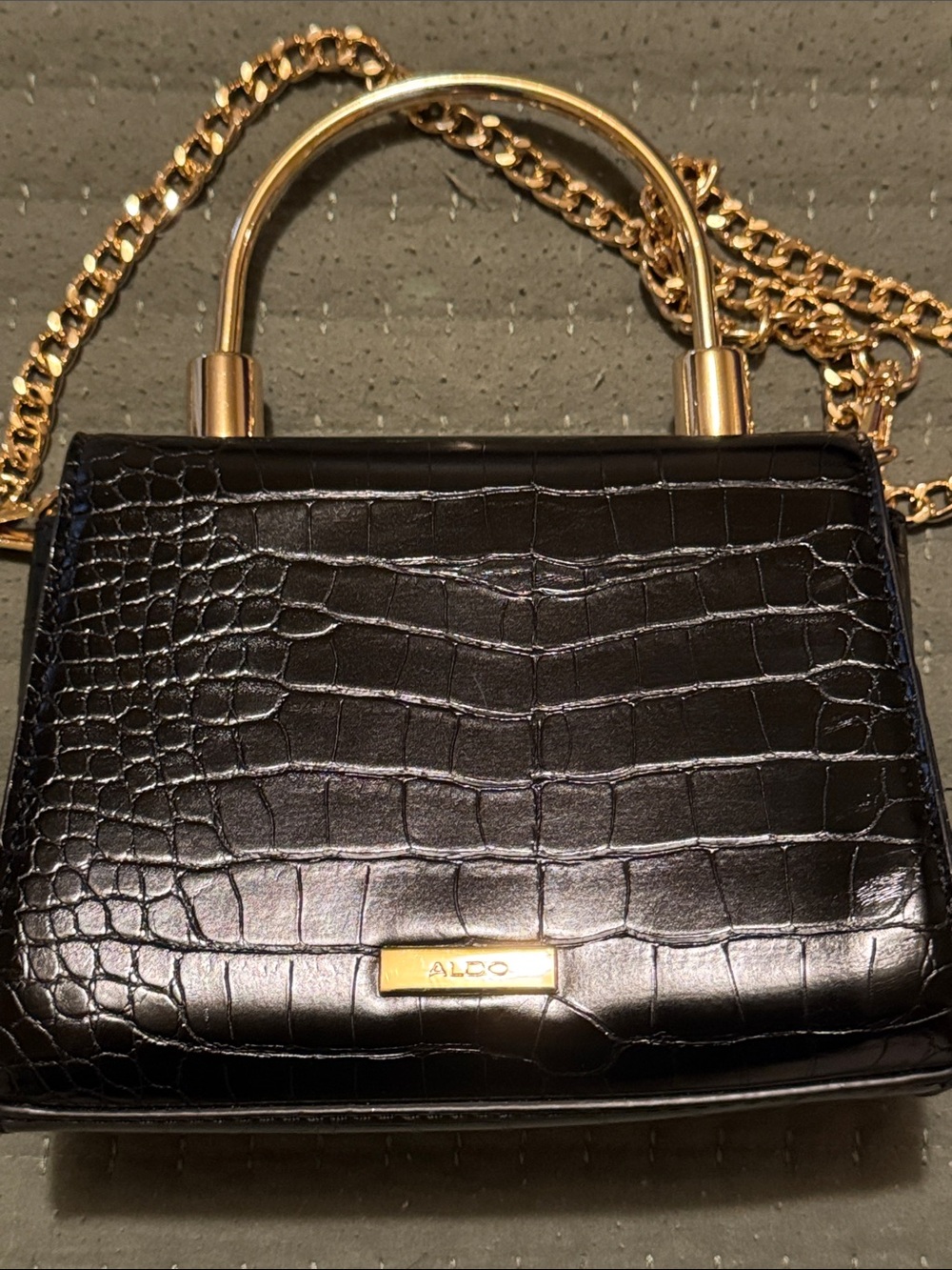 Aldo Black Croc-Embossed Mini Top-Handle Bag with Gold Chain and Hardware